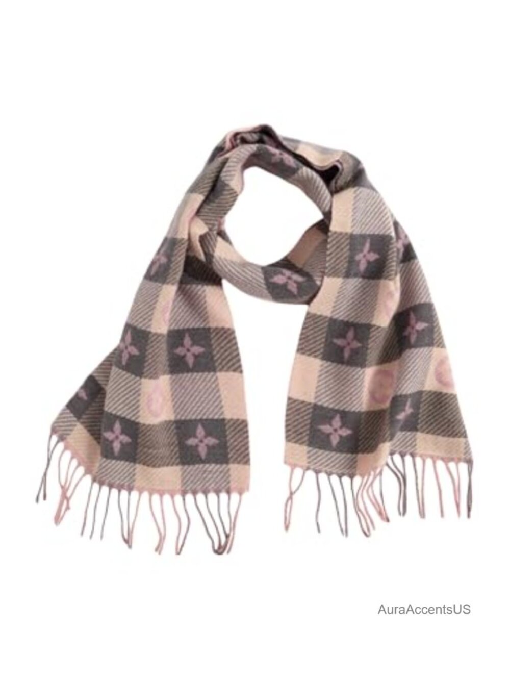 Women's Plaid Fringe Trim Scarf with Heart Print - Soft Lightweight Tassel Scarf